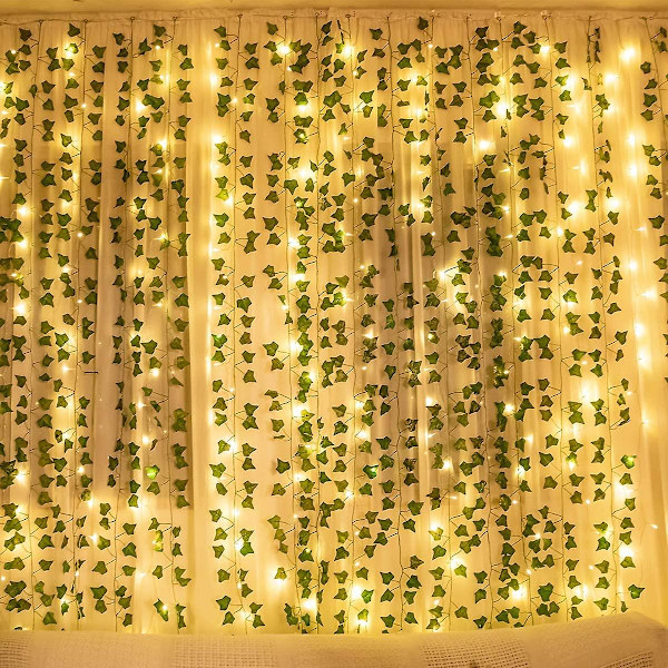12 Stykker Kunstig Efeu Girlander, Kunstig Hengende Efeu Med 100 LED Lys, For Bryllup Fest Hage Leilighet Balkong