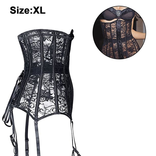 Mesh Underbust Korset Top Gennemsigtig Fiskenet Brokade Sheer Bustier Talje Cincher Lingeri Med Strømpebånd XL XL