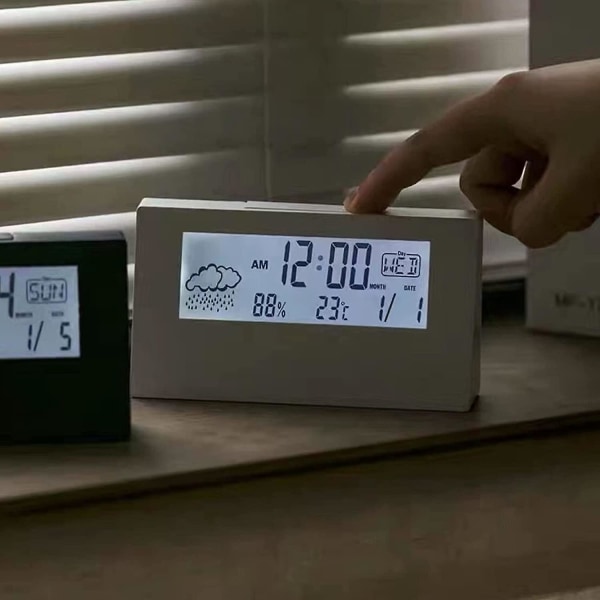 LCD Digital Vekkerklokke Smart Nattlys Vekkerklokke Tid Dato Temperatur Luftfuktighet Display Nattbords Batteridrevet Klokke (1 stk, Hvit)