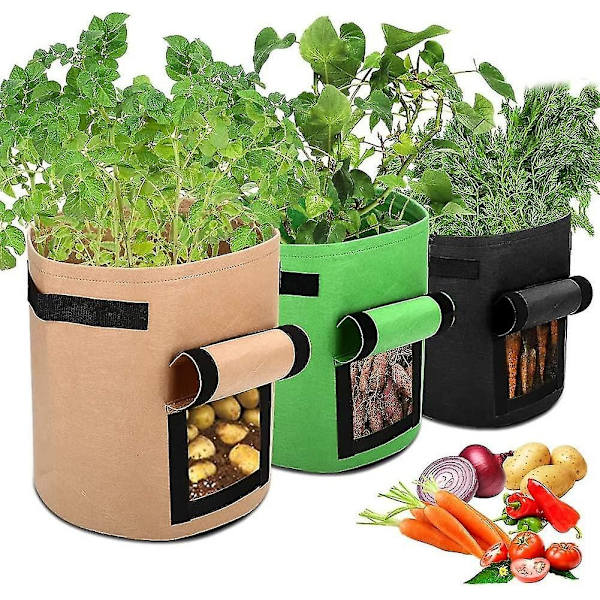 3-pack Potatisodlingsväskor, 7 Gallon Aeration Vattentät Tyg Sötpotatisplanterare, (3-pack, Svart Brun Grön)