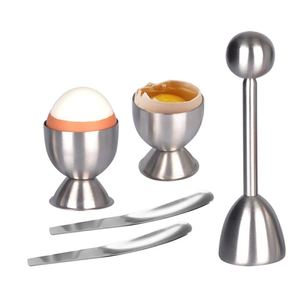 Skje-eggkopp for koking av myke egg - Eggelokk i rustfritt stål - Slitesterk eggappåner - Gratis eggknuser og 5 stykker