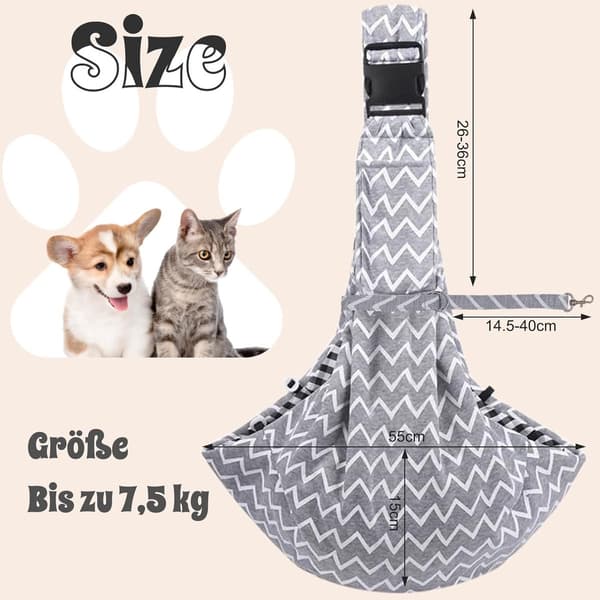 Hundebæresele, vendbar polyester, justerbar rem og frontlomme, til små hunde og katte op til 7,5 kg, grå zigzag