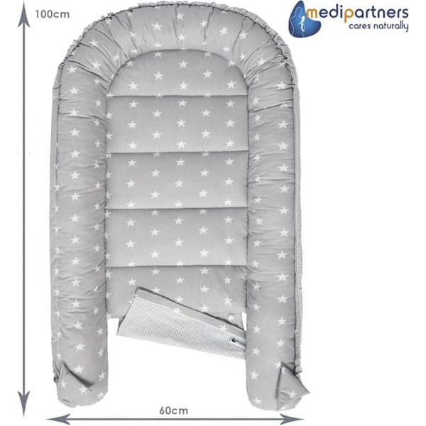 Medi Partners Cocoon Baby Bed Reducer 100x60x15cm 100% bomull Baby Nest (grå stjärnor och ljusrosa minky) Grå, vit och rosa