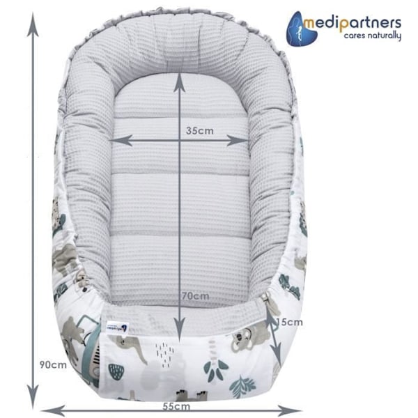 Medi Partners Baby Cocoon 100 % bomull Baby Nest Filt Säkert lås 100x60x15 cm Mint Zoo med Waffle Grey