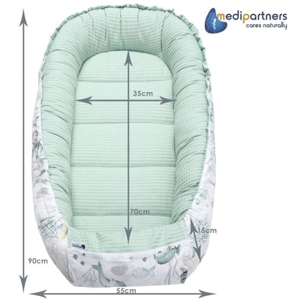 Medi Partners Baby Cocoon 100 % bomull Baby Nest Filt Säkert lås 100x60x15 cm Ocean med Waffle Mint