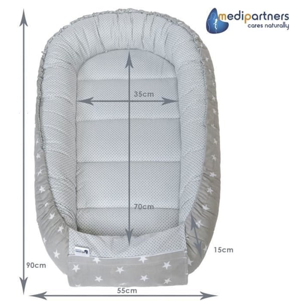 Medi Partners Cocoon Baby Bed Reducer 100x60x15cm 100% bomull Baby Nest (grå stjärnor och ljusrosa minky) Grå, vit och rosa