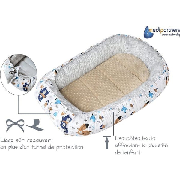 Medi Partners Cocoon Baby Bed Reducer 100x60x15cm 100% bomull Baby Nest (Boho Animals och Minky Beige) Vitt, grått och beige