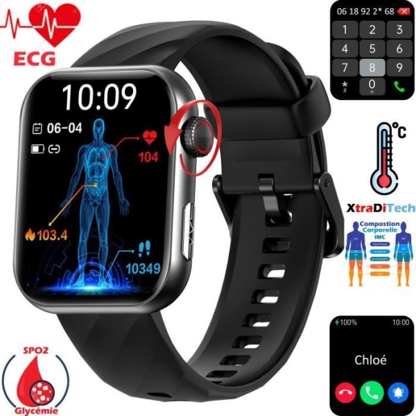 XtraDiTech Smart Watch EKG PPG Pulsmätare Blodsockertermometer 1,96 tums IPS-skärm rektangulärt kroklås