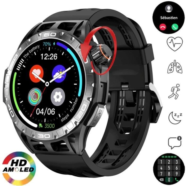 Militär Smart Watch AMOLED 1,43" Bluetooth Call Giant Crown-kodad fotoelektrisk stålram Standby-skärm 400mAh