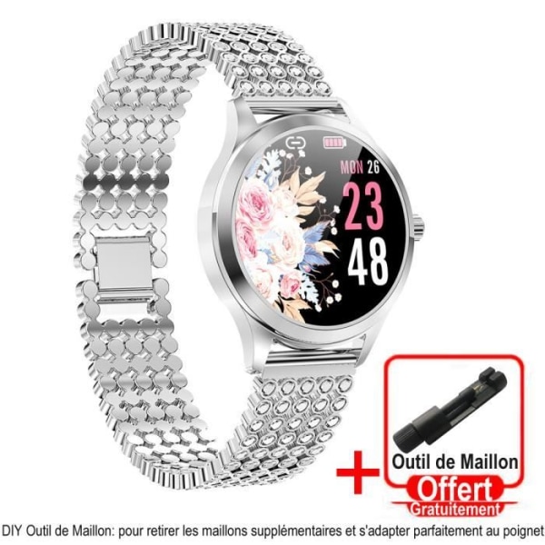 Rund ansluten klocka för damer Diamantarmband gnistrande strasslegering 10-dagars batteritid IP68 Vattentät Sport Smartwatch - Silver