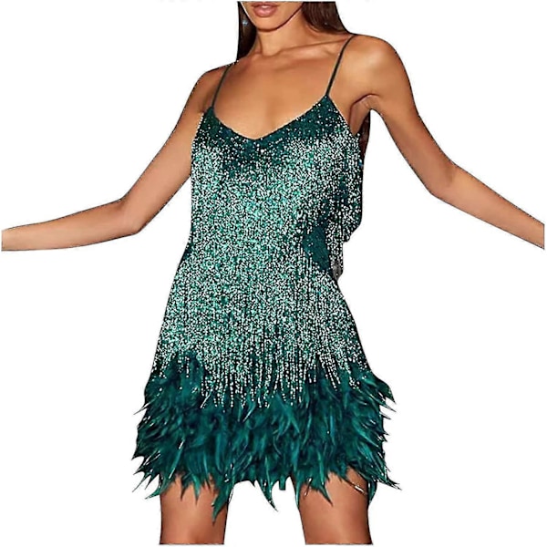 Cocktailkjoler til kvinder Sexet dyb V-hals Allover Frynser Spaghetti Stropper Kjole Pailletter Fjer Prom Festkjole Green Large