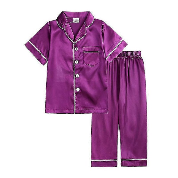Barn Småbarn Baby Flicka Pojke Satin Pyjamas Set Lång Kort Ärm Knäppning Pyjamasskjorta Topp+byxor Underdelar Sovkläder Outfits Style B Purple 8-9 Years