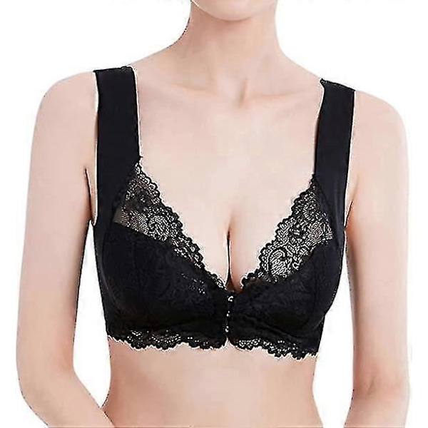 Dam Plus Size Frontknäppning Spets Hållningskorrigerande BH Bekväm Sömlös Full Coverage BH Black 4XL