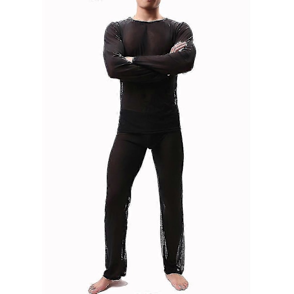 Herr Mesh Genomskinlig Pyjamas Set Sexig Topp + Byxor Underkläder Erotiska Nattkläder Black L