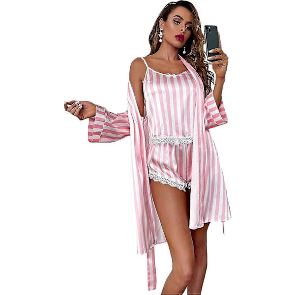 Sexiga Damunderkläder Satin Pyjamas Randig Cami Shorts Set Med Bälte Morgonrock S-3xl Style1 L