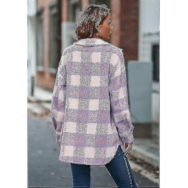 Vinteruldfrakke Casual Plaid Flannel Shacket Jakke Oversized Knapløs Langærmet Efterårs Skjortejakke Frakke Toppe Jakke Kvinder PURPLE XL