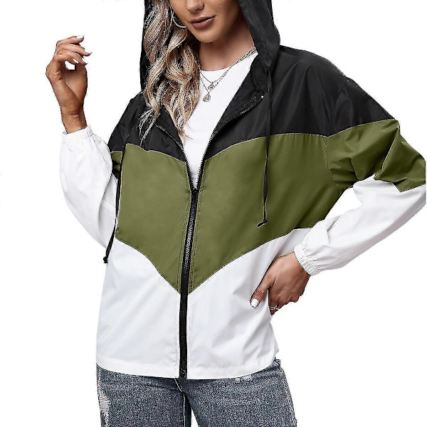 Dame Colorblock Windbreaker Vandtæt Jakke Letvægts Frakke Green L