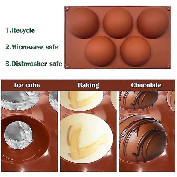 3-pak Stor Halvkugle Silikoneform, Chokoladeform med 5 hulrum, Halvkugle Silikonebageform M