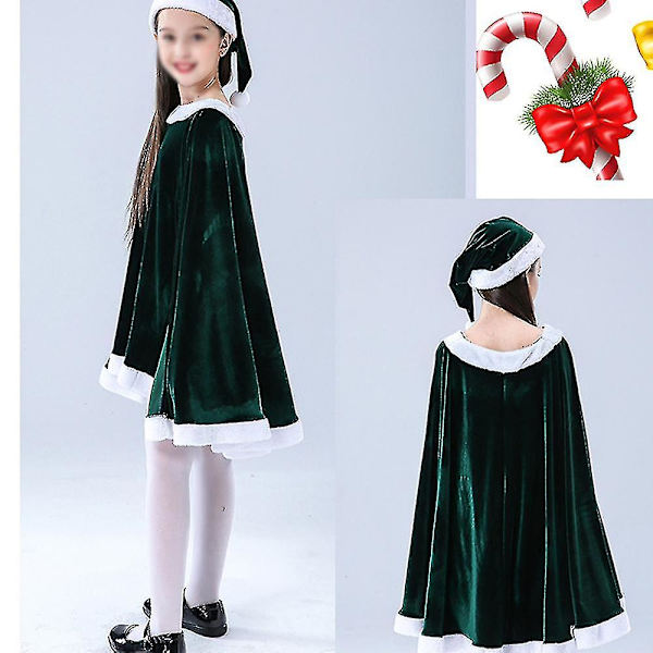 Juldräkt med hatt Flickors Cape Dräkt Julklänning Outfit, Halloween Julkostym för fest 130cm
