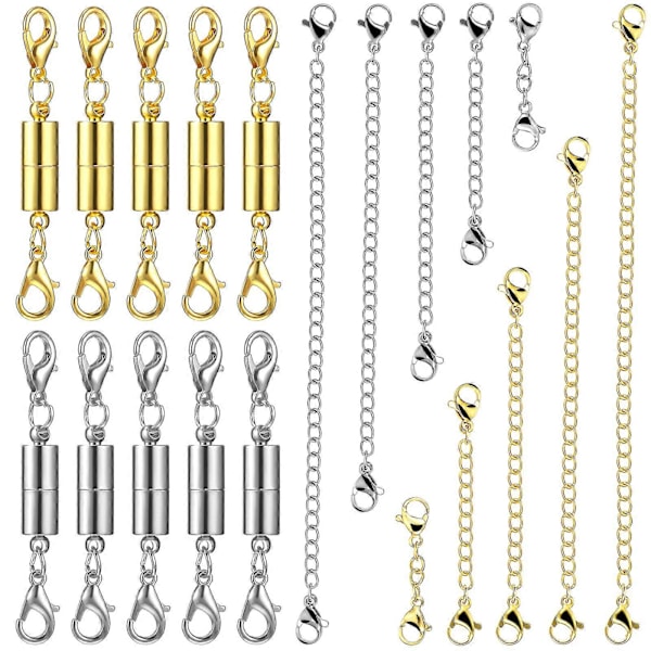 10 stk. Halskædeforlængere Armbåndskæder Forlængere med 10 par Magnetiske Hummerskåslåse Konnektorer til DIY Smykkefremstilling