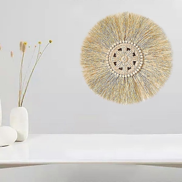 Boho Handgjord Vävd Halm Väggdekor Marockanska Träpärlor Väggbonad Ornament Rund Heminredning