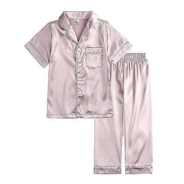 Barn Småbarn Baby Flicka Pojke Satin Pyjamas Set Lång Kort Ärm Knäppning Pyjamasskjorta Topp+byxor Underdelar Sovkläder Outfits Style B Rose Gold 1-2 Years