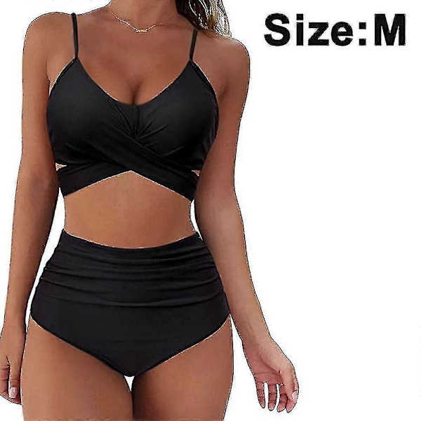 Højtaljet bandage bikini sæt til kvinder, wrap todelt push up badedragter krydsmønster dame badetøj Black M