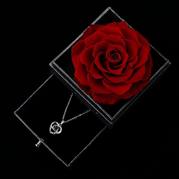 Preservert ekte rose med "Jeg elsker deg"-halskjede på 100 språk gavepakke, fortryllet ekte roseblomst til Valentinsdag, jubileum, bryllup, bursdag, romantisk
