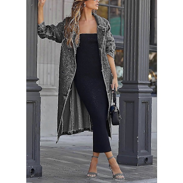 Naisten Vintage Midi Pitkä Farkkutakki, Väljä Malli, Kaksirivinen Denim-trenssi Vyöllä Black XX-Large