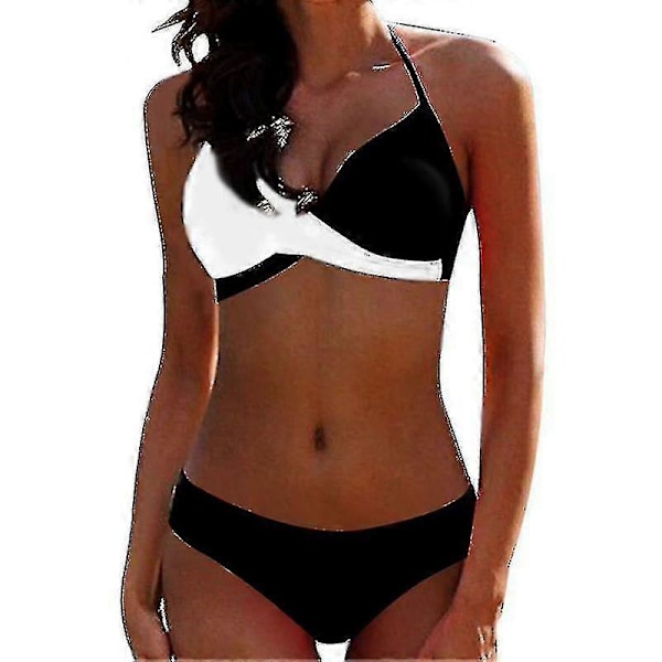 Naisten värilohko bikinin setti, pehmustetut push-up uimahousut, halter-kaula-uimapuku Black White M
