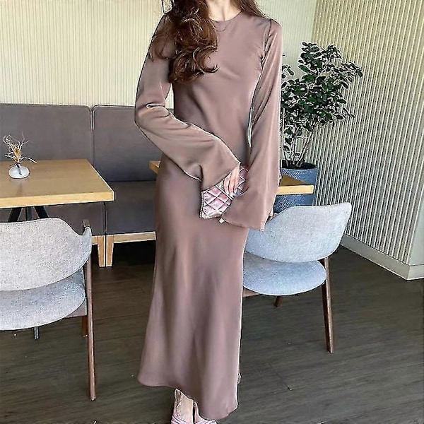 Satin Kjole til Kvinder - Slank Maxi Kjole med Lange Ærmer, Høj Talje, Elegant Ensfarvet Kjole Pink S