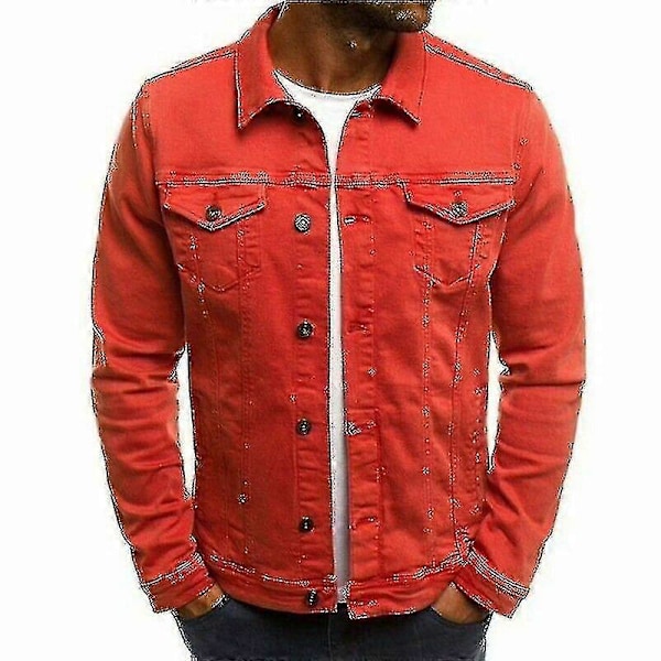 Herre Denim Jeans Jakke Kort Slim Fit Red 2XL