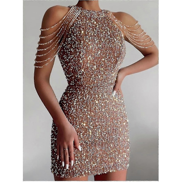 Off Shoulder Gull Paljettkjole Kort Party Bodycon Kjole Dame Sexy Aftenkjole PINK L