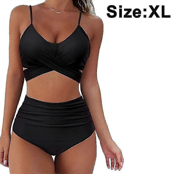 Højtaljet bandage bikini sæt til kvinder, wrap todelt push up badedragter krydsmønster dame badetøj Black XL