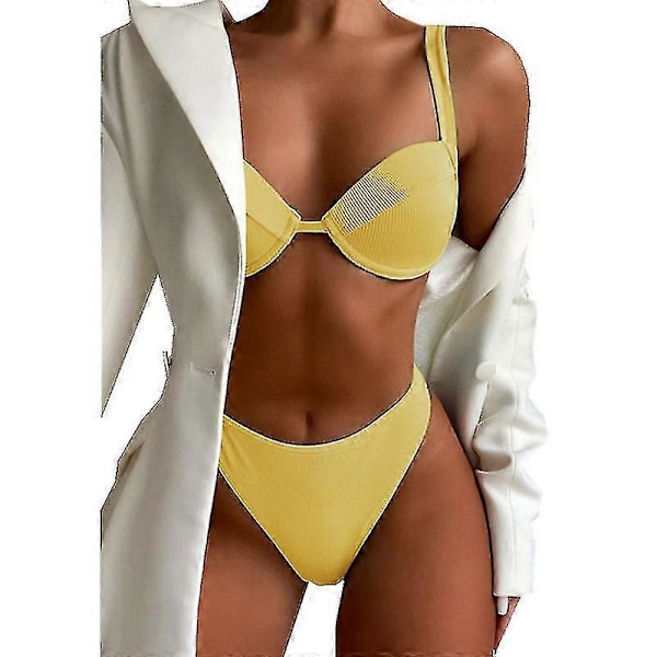 Bikinisett for kvinner med trekantbikini og cover-up, sexy strandklær, todelt badedrakt i ensfarget farge YELLOW L