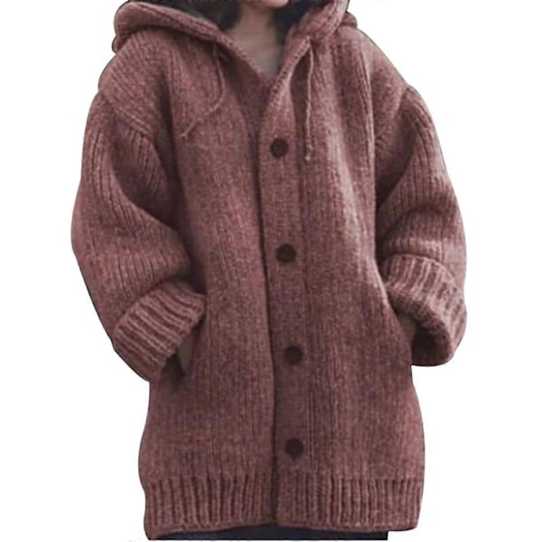 Dame Hætte Strikket Sweater Efterår Vinter Mellemlang Ensfarvet Knap Sweater Uldfrakke Jakker Overdele Red M