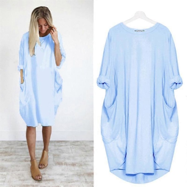 Dame Oversized Tunika Kjole Langærmet Løs Baggy T-shirt Toppe sky blue 4XL