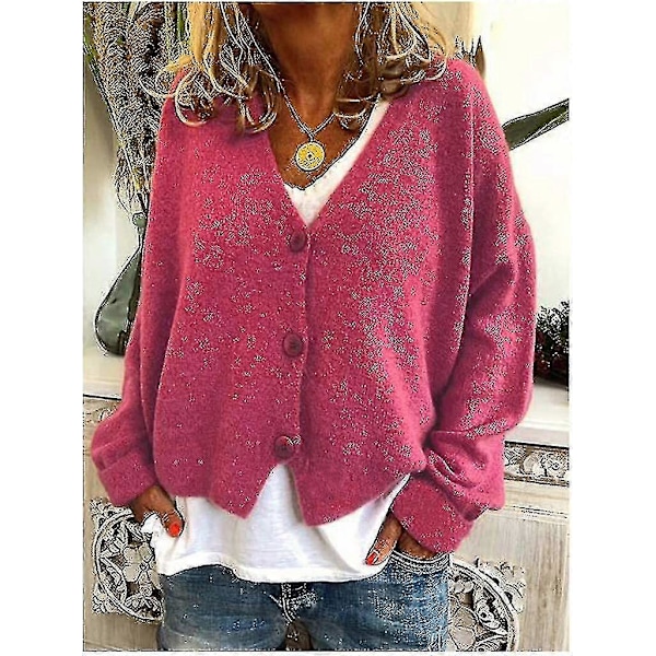 Damtröja Stickad Casual V-ringad Enfärgad Kofta Rose Red S