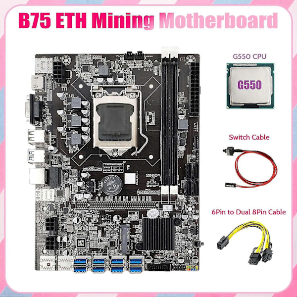 B75 Eth Mining Moderkort 8xpcie Till Usb+g550 Cpu+6pin Till Dubbel 8pin Kabel+switch Kabel Lga1155 B75