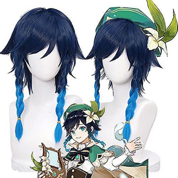 Marinblå peruk för Venti Genshin Cosplay Costume 2 Tone Anime flätat hår peruker