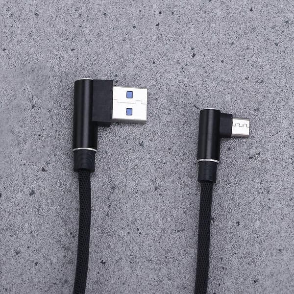 1M Vinkel USB Micro Kabel Flettet USB 2.4 A til 90 Graders Datakabel Opladerledning til Universal Android Telefon (Sort)