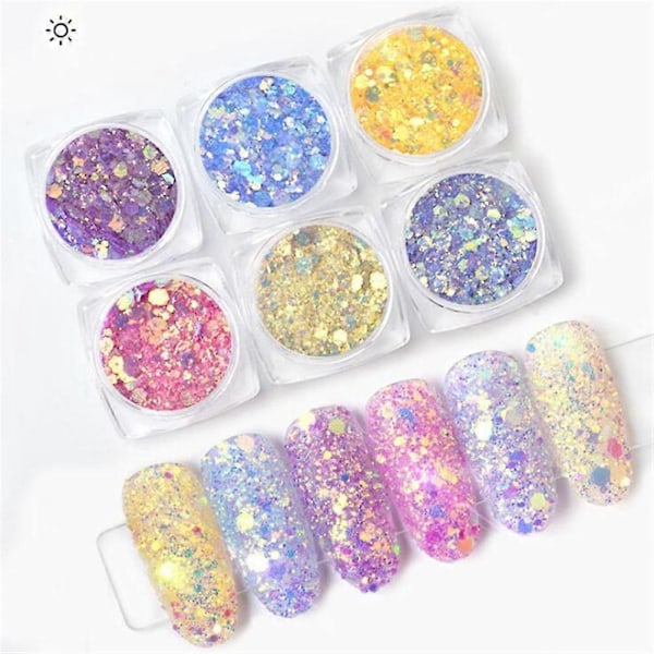6st Nagelglitterpulver Nagellack Paljetter Färgglada Blandade Nagel Fint Pulver Paljetter (B001+B002+B003+B004+B005+B006)
