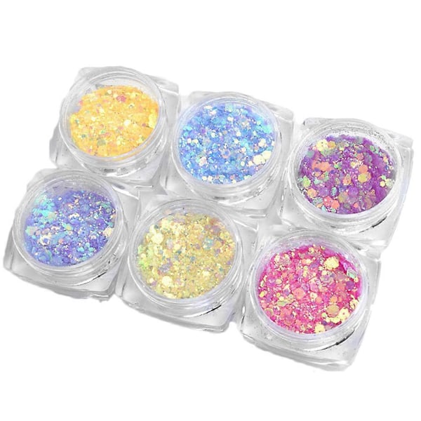 6 stk. Negl Glitter Pulver Neglelakk Paljetter Fargerik Blandet Negl Fint Pulver Paljetter (B001+B002+B003+B004+B005+B006)