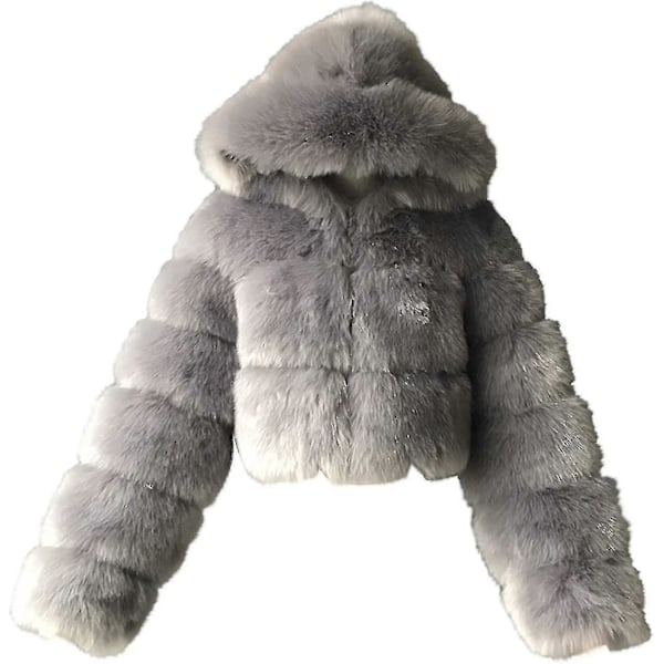 Tekoturkis Takki Naiset Hupulla Lyhyt Bubble Takki Fleece Lämmin Takki Naisten Takit XX-Large Gray