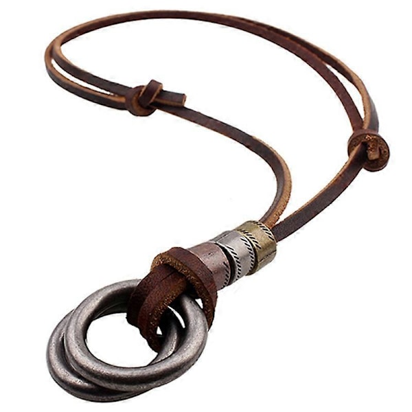 Mote Herre Retro Imitert Skinn Snor Dobbel Sirkel Ring Anheng Halskjede Gave