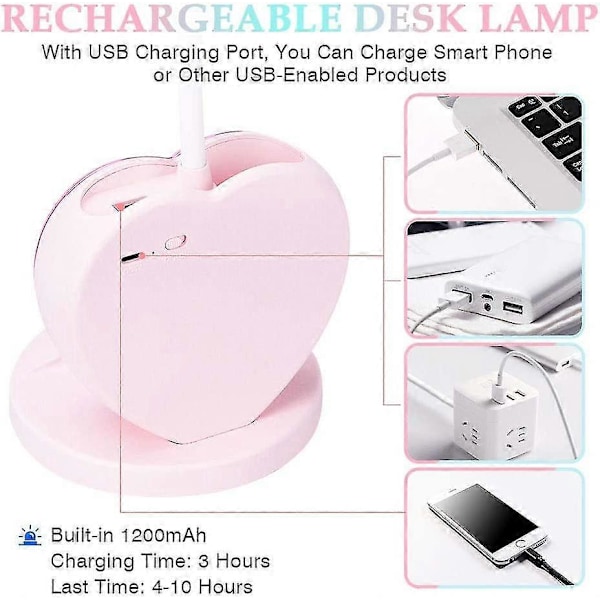 LED Skrivbordslampa för Barn Dimbar Bordslampa Uppladdningsbar Med Pennhållare USB-Port För Tonårsflickor Pojkar Studenter, rosa