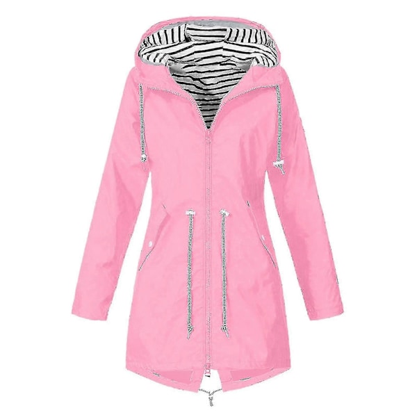Regnfrakk i store størrelser for kvinner, vanntett, lang, med hette, trenchcoat, foret vindjakke, reisejakke, utendørs jakke med hette Pink XL