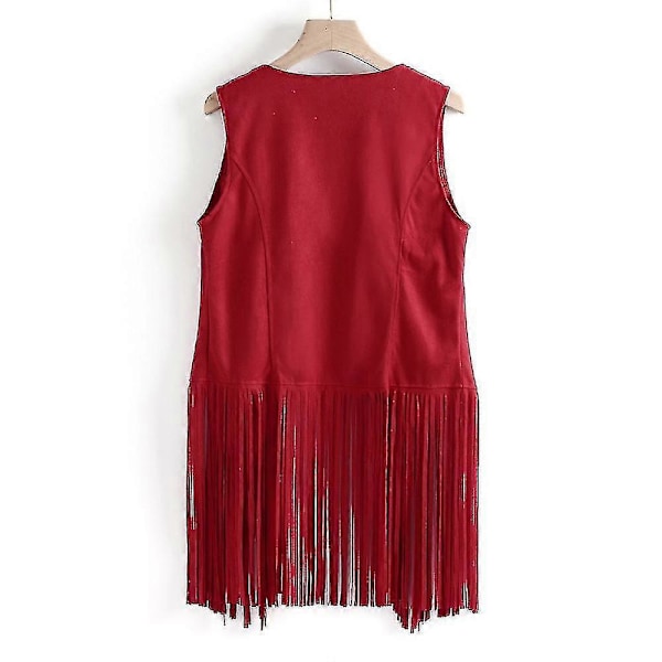 Dame Tassel Ærmeløs Vest 70'er 1970'er Hippie Faux Suede Veste Fringe Jakke Cardigans Red M