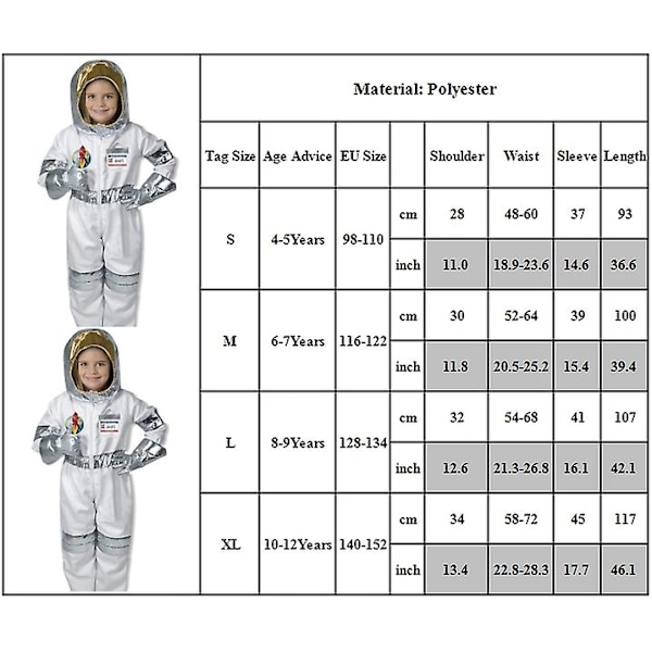 Astronautdräkt för barn, NASA rymddräkt för pojkar flickor unisex, rymd utklädnad cosplay set S
