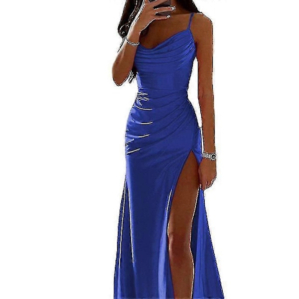 Dam Lång Maxiklänning Cowl Neck Aftonklänning Ärmlös Satin Slip Klänning Fest Casual Blue S